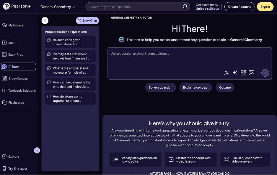 The AI Tutor start page: a greeting, a question box, quick actions to solve a question, explain a concept or quiz me, and a list of popular student questions.