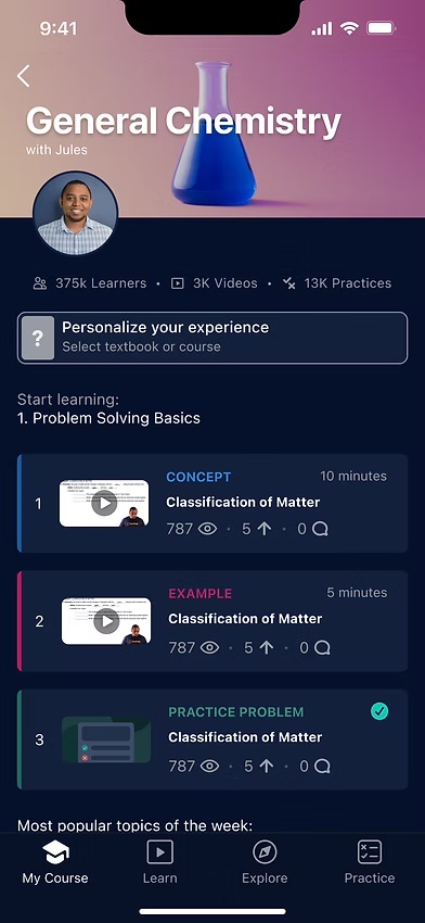General Chemistry course page with a Personalize your experience prompt and a list of concept, example and practice lessons.