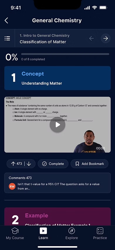 A lesson screen with a progress bar, a concept video, and options to mark it complete or bookmark it.
