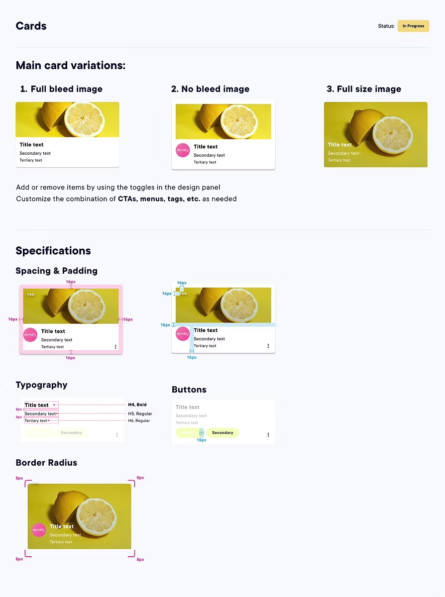 Card component documentation: three card variations, with spacing, typography, button and border radius specifications.