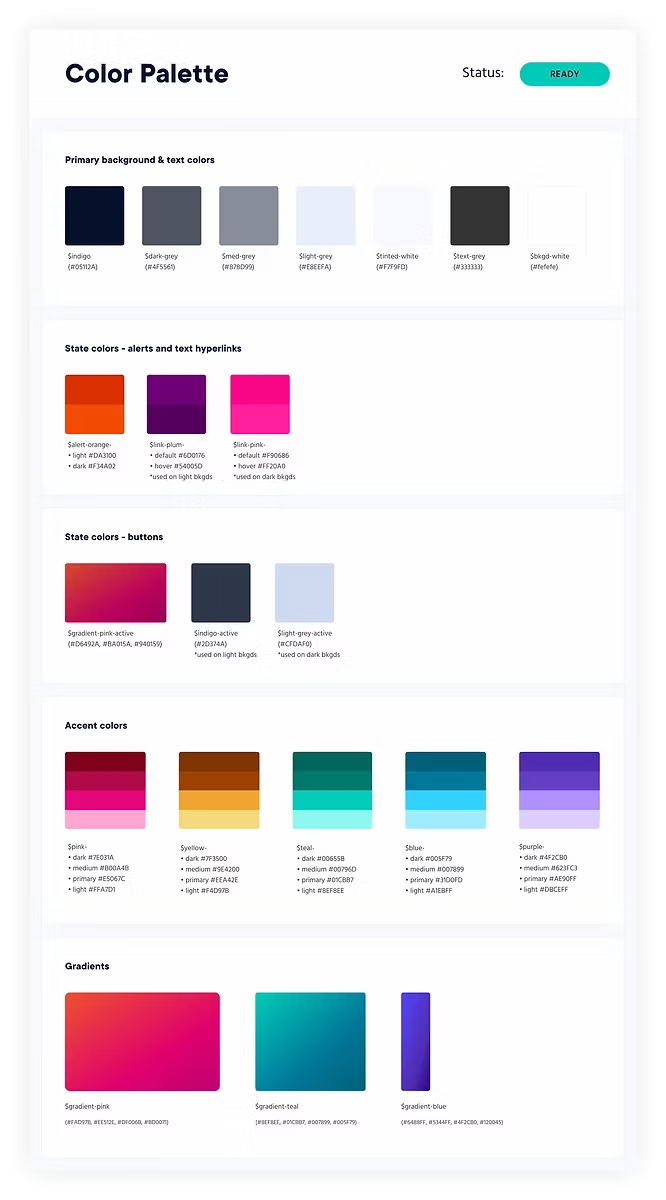 Color palette page: background and text colors, state colors, accent color ramps and gradients, each with its hex value.