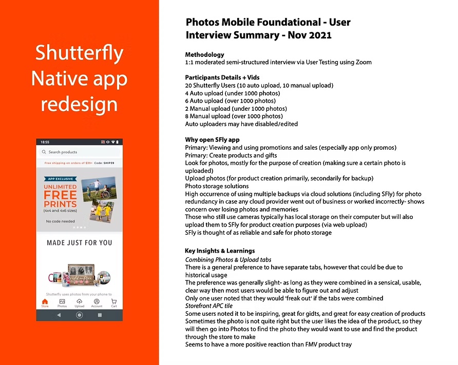 User interview summary from November 2021: 20 Shutterfly users, why they open the app, and key insights about combining the Photos and Upload tabs.