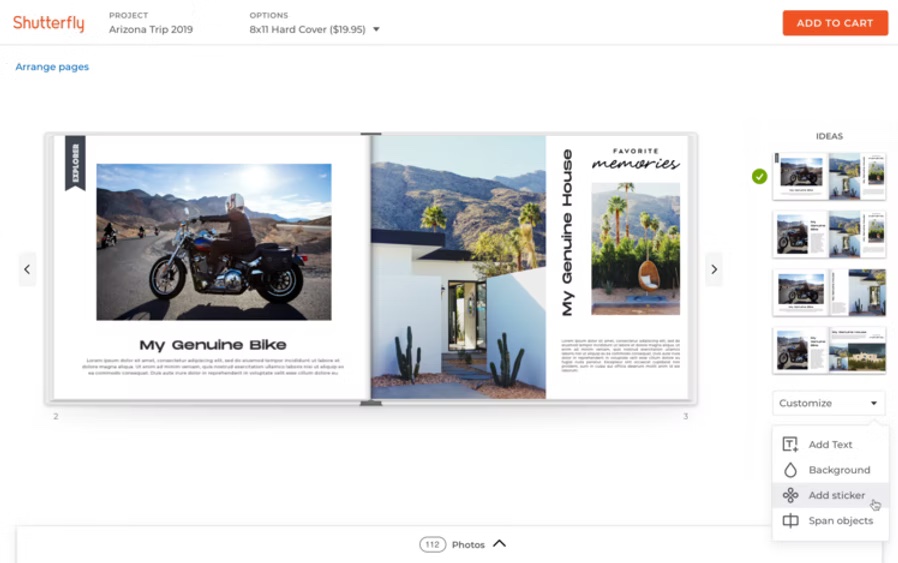 The new editor showing four layout ideas for the current spread and a short Customize menu: add text, background, add sticker and span objects.