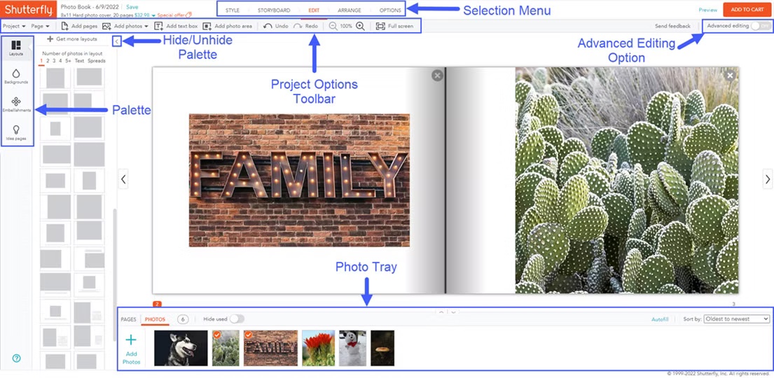 The old photo book editor, annotated: a full toolbar, a palette of layouts and embellishments, an advanced editing toggle and a photo tray.